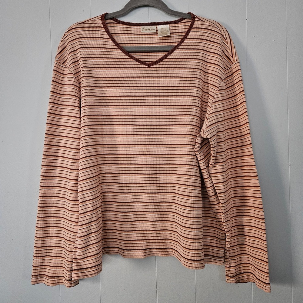 Striped Ribbed Top Women XL Brown Long Sleeve Cotton Comfy Earthy Feminine